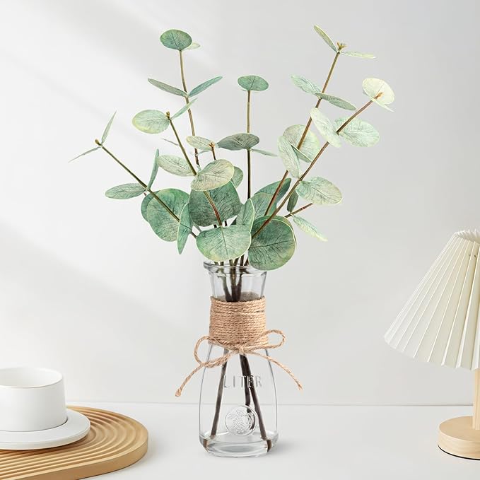 Artificial Eucalyptus Greenery Stems with Glass Vase, 3-Pack, Green