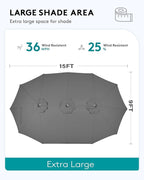 SERWALL 8-Piece Patio Dining Sets with 15FT Double Side Patio Umbrella, Outdoor HDPE Dining Furniture Set with Umbrella Hole Cut-Out Table and 6 Chairs, Black（Umbreall Base not Included）