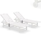 SERWALL Outdoor Chaise Lounge Set of 2, All-Weather HDPE Pool Lounge Chairs with 5-Position Adjustable Reclining Backrest, Rolling Wheels & Cup Holder for Poolside, White