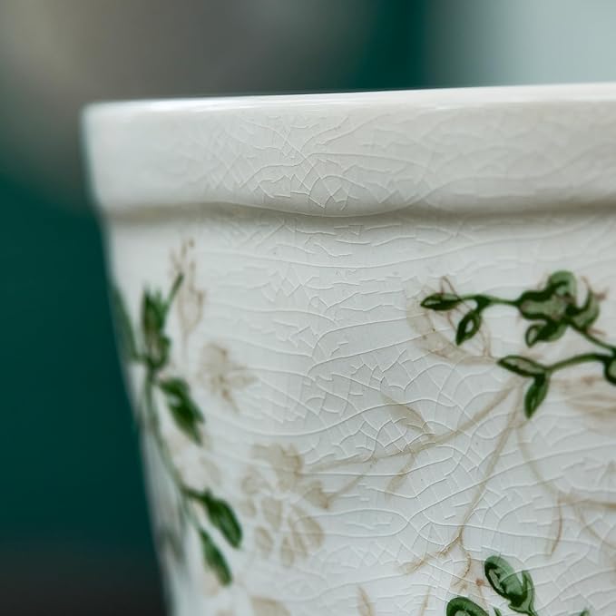 Ceramic Planter Without Drainage Hole, 6.7 Inch - Indoor/Outdoor Flower Pot for Orchids, Succulents, Green Floral Modern Farmhouse Design Plant Pot for Home,Office & Garden Décor, Ideal Gift