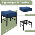2 Pieces Outdoor Patio Ottomans, Assembled Aluminum Outdoor Ottoman with Blue Cushions, Aluminum Small Outdoor Foot Stools for Patio Porch Yard Garden Deck, Black Frame
