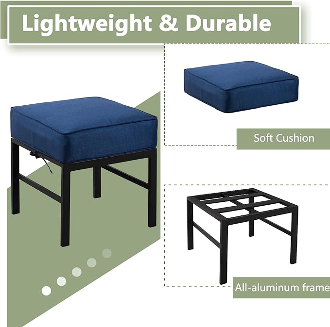 2 Pieces Outdoor Patio Ottomans, Assembled Aluminum Outdoor Ottoman with Blue Cushions, Aluminum Small Outdoor Foot Stools for Patio Porch Yard Garden Deck, Black Frame