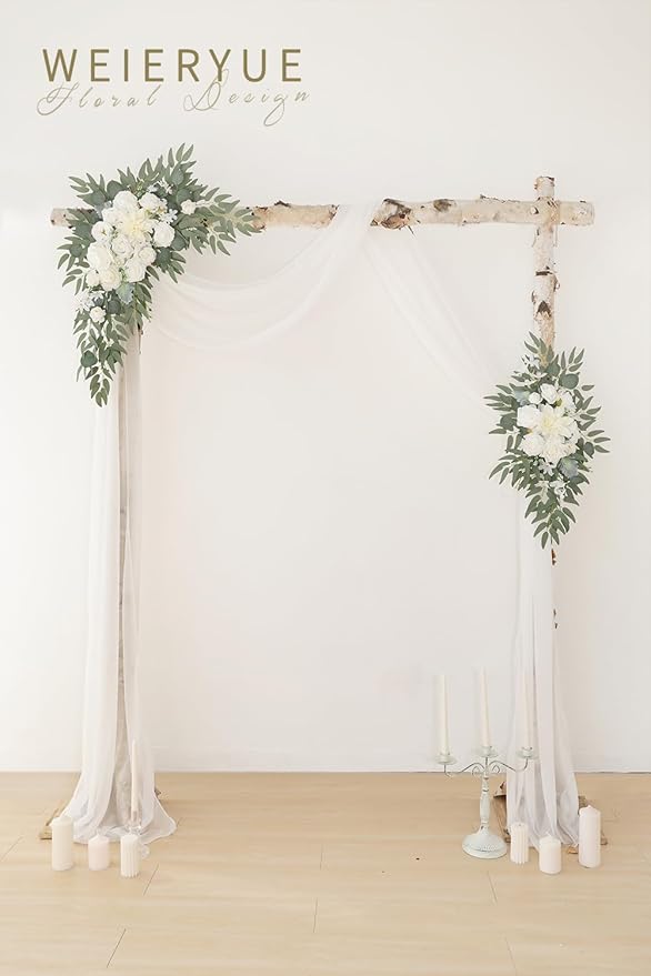 Artificial Flowers Wedding Arch Swag Kit, White Roses, Chiffon Drape, 3 Pieces