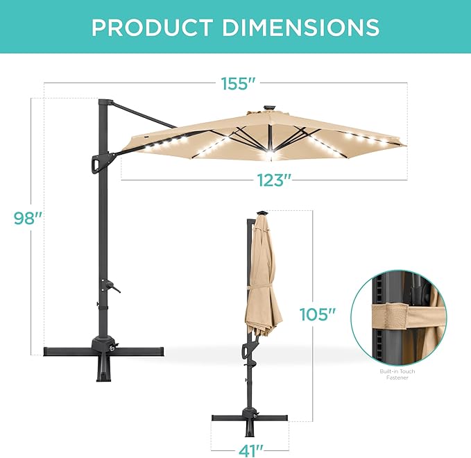 Best Choice Products 10ft Solar LED Cantilever Patio Umbrella, 360-Degree Rotation Hanging Offset Market Outdoor Sun Shade for Backyard, Deck, Poolside w/Lights, Easy Tilt, Cross Base