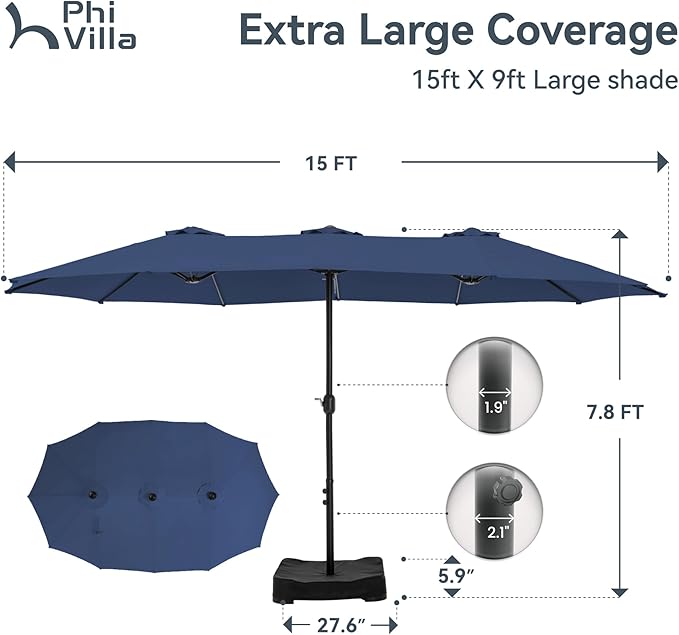 PHI VILLA 15ft Large Patio Umbrellas with Base Included, Outdoor Double-Sided Rectangle Market Umbrella with Crank Handle, for Pool Lawn Garden, Navy Blue