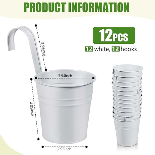 12 Pack Metal Hanging Flower Pots Railing Planter – White, 4 x 4 Inch