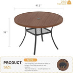 VICLLAX 47.2" Round Patio Table for 6, All Weather Metal Outdoor Dining Table with Adjustable Umbrella Hole, Walnut Wood-Like Tabletop