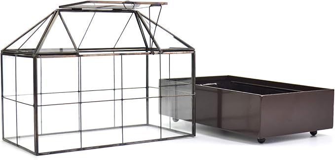 Terrarium House Shape Glass Greenhouse with Black Brass Frame and Tray