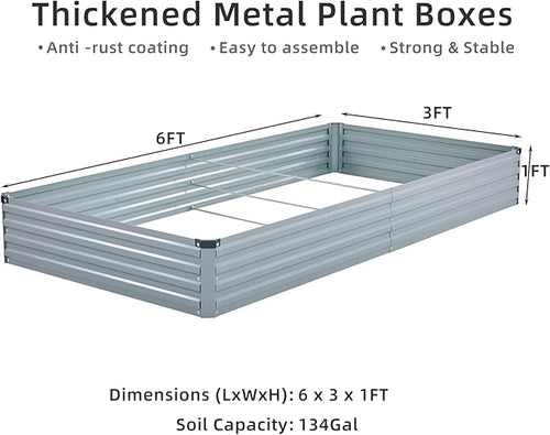 2 Pack 6x3x1FT Galvanized Raised Garden Bed Kit, Outdoor Metal Planter Box for Vegetables, Bottomless Rectangular Gardening Bed with Support Rods, Tool-Free Assembly, Gray