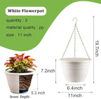 Hanging Planters 11 Inch, 3 Pcs Flower Pots with Drainage Hole, Self Watering Hanging Basket for Indoor Outdoor Plants, Decor, White