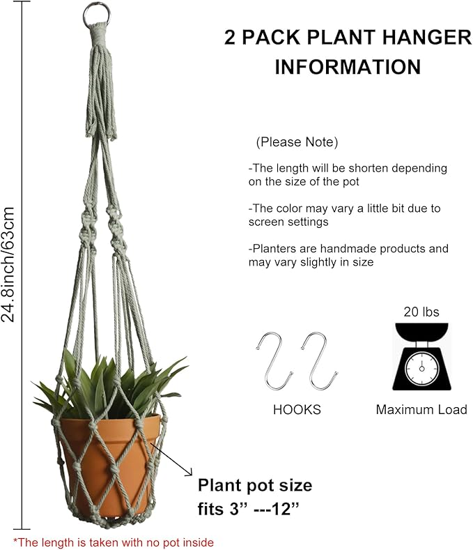 Artilady Macrame Hanging Planter for Indoor Plants, Boho Woven Plant Hanger Large Hanging Flower Pot Holders Outdoor Baskets Storage No Tassels Sage Green Wall Decor (Sage Green-2pcs)