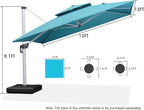 PURPLE LEAF 12 Feet Double Top Deluxe Square Patio Umbrella Offset Hanging Umbrella Cantilever Outdoor Market Umbrella Garden Turquoise Blue