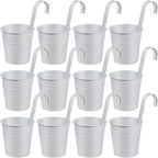 OBTANIM 12 Pack Metal Hanging Flower Pots Railing Planter Outdoor Fence Hanging Bucket Plant Holder with Detachable Hooks Drain Holes for Home Garden Yard Decor (White, 4 x 4 Inch)