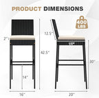 HAPPYGRILL Wicker Patio Barstools Set of 4, Outdoor Rattan Bar Chairs with Footrest & Backrest, Armless High Top Chairs with Seat Cushions for Backyard, Balcony