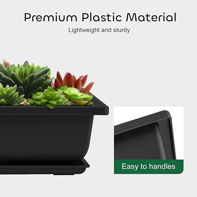 Rectangle Bonsai Pots, 3 Pack 6.5 Inch Black Plastic with Drainage Trays