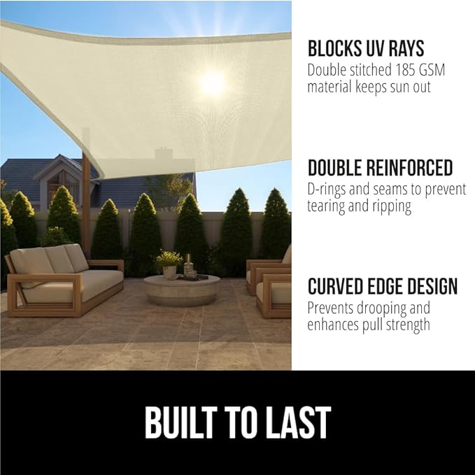 GORILLA GRIP Heavy Duty Sun Shade, UV Protection Fade Tear and Rust Resistant Rectangle Sunshade Canopy, Curved Edges Blocks Sunlight, Breathable Sail, Outdoor Patio, Lawn Garden, 6x10 FT Butter Cream