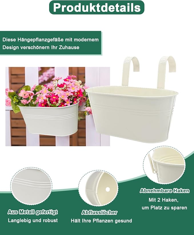 Metal Railing Planters for Outdoor Plants - 5 Pcs Balcony Hanging Flower Pots with Detachable Hooks & Drain Holes, Windowsill Oval Hanging Bucket Pots Fence Planters for Garden Home Decor, Cream White