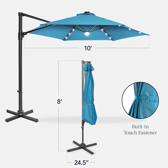 Best Choice Products 10ft Solar LED Offset Cantilever Hanging Market Patio Umbrella, Smooth 360° Rotation, 8 Sturdy Ribs, Easy Adjustment - Sky Blue