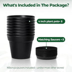 T4U 4 Inch Plant Pots 8-Pack, Small Flower Pots with Drainage Hole and Saucer, Decorative Nursery Pot Bulk for African Violet, Snake Plant, Succulent, Herb and Plants Indoor (8 Pcs 4" Pots, Black)