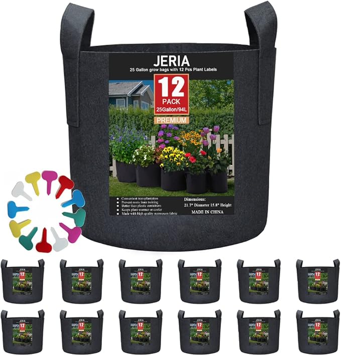 JERIA 12-Pack 25 Gallon Grow Bags, 300G Thickened Nonwoven Garden Pots,Heavy Duty Fabric Pots with Reinforced Handles