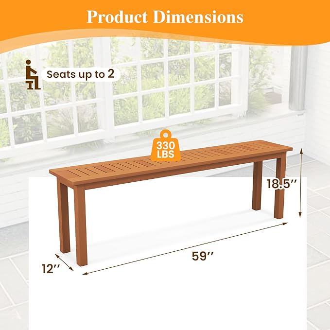 Patio Bench, 59-Inch Natural Wood Backless Slat Seat, Farmhouse Style