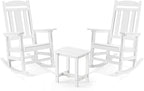 LUE BONA Outdoor Rocking Chairs Set, 3-Piece, HDPS Poly Porch Rockers with Table, Plastic Weather Resistant Rocking Chair Set for Outdoor Indoor, Garden, Backyard, 350lb,White Chairs+Table