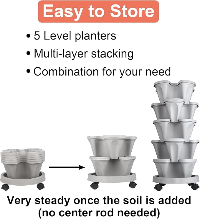 DUNCHATY Stackable Vertical Garden Planter with Wheels and Tools, Self-Watering Indoor/Outdoor 5-Tier Herb Planter for Growing Vegetables and Succulents, Gray