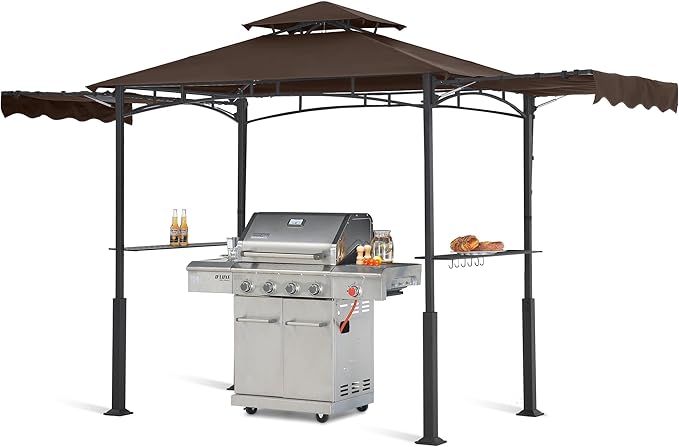 ABCCANOPY Grill Gazebo with 2 Side Awnings - 14x5 Outdoor BBQ Canopy Shelter with 2 Led Lights for Patio Backyard Grilling (Brown)