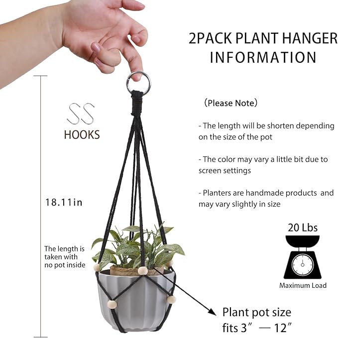 Artilady Black Hanging Planter for Indoor Plants Macrame Plant Hanger Large Hanging Plant Holder Basket with Adjustable Beads Outdoor Window Boho Plant Wall Decor (Black Bead-2pcs)