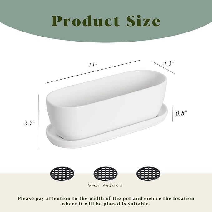 E-liu Oval Ceramic Planter Pot with Drainage Hole Saucers 11 Inch Succulents Planter Home Decor for Indoor Outdoor Plants Herb Cactus with 3 Mesh Pads, Plants Not Included