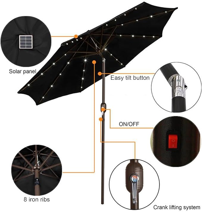 Blissun 9 ft Solar Umbrella, 32 LED Lighted Patio Umbrella, Table Market Umbrella, Outdoor Umbrella for Garden, Deck, Backyard, Pool and Beach (Black)
