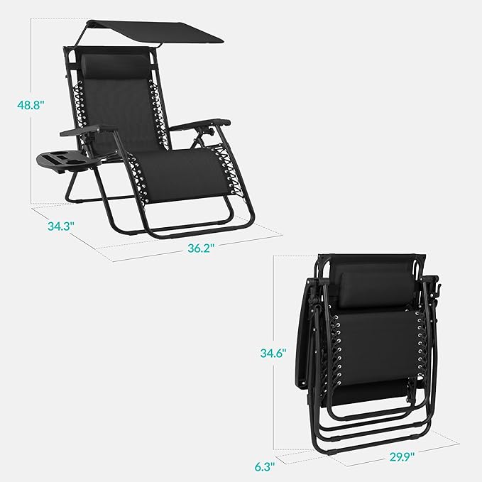 Best Choice Products 30” Wide Folding Zero Gravity Outdoor Recliner Patio Lounge Chair w/Adjustable Canopy Shade, Headrest, Side Accessory Tray - Black