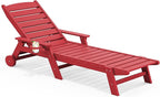 SERWALL Patio Chaise Lounge Chair, 78'' Long HDPE 5 Positions Adjustable Outdoor Lounger, Poly Lounge Chair with Rolling Wheels & Cup Holder for Pool, Bright Red
