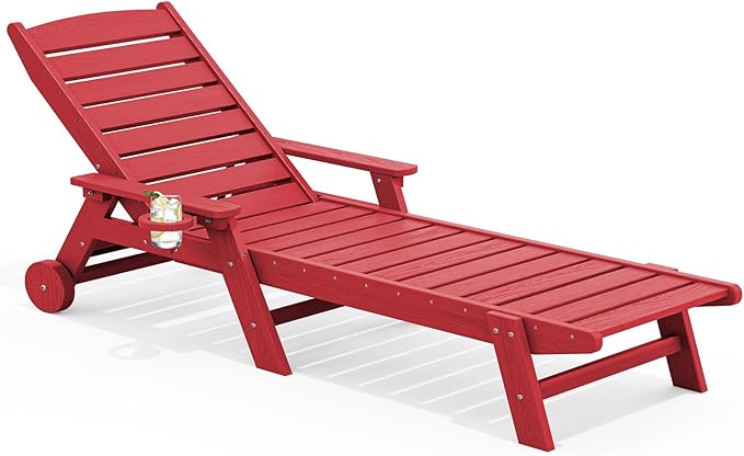 SERWALL Patio Chaise Lounge Chair, 78'' Long HDPE 5 Positions Adjustable Outdoor Lounger, Poly Lounge Chair with Rolling Wheels & Cup Holder for Pool, Bright Red