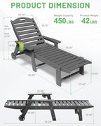 Lounge Chair Outdoor, Chaise Lounge Outdoor, HDPE 6-Position Lounge Chair for Outside, Patio Lounge Chair with Wheels & Cup Holder for Pool Poolside Deck Backyard, Darkgrey
