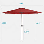 MEWAY 12ft Patio Umbrella Outdoor Table Umbrellas with Crank, Market Umbrella 8 Sturdy Ribs for Deck, Garden, Pool and Backyard, Red