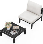 SERWALL HDPE Patio Furniture Set, 2 Pieces Outdoor Sectional Sofa Set, All-Weather Wood-Like Outdoor Sofa Couch with Coffee Table for Deck, Lawn, Black Frame with Khaki Cushion