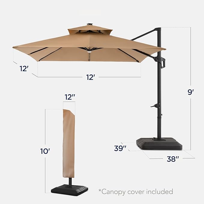 Best Choice Products 12x12ft LED Cantilever Patio Umbrella w/Base Included & 360° Rotation, Large Solar Offset Hanging Outdoor Sun Shade for Deck, Backyard Table w/Stand & Lights – Tan