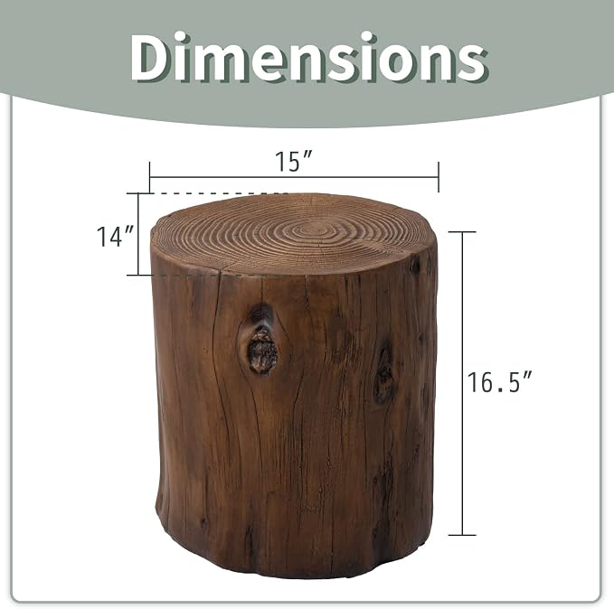 Side Table, Concrete Tree Stump Design, 16.5-Inch Tall Garden Stool