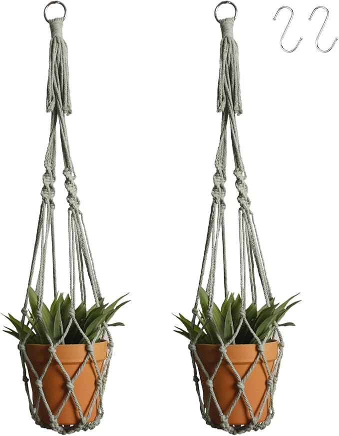Artilady Macrame Hanging Planter for Indoor Plants, Boho Woven Plant Hanger Large Hanging Flower Pot Holders Outdoor Baskets Storage No Tassels Sage Green Wall Decor (Sage Green-2pcs)