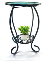LIFFY Mosaic Outdoor Side Table, 14" Round Flower Patio Side Table, Mosaic Plant Stand, End Table W/Storage Shelf, Small Bistro Coffee Table for Garden Yard Porch Living Room