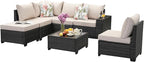 Jing's Villa 7-Piece Patio Furniture Set, All-Weather Outdoor Wicker Sectional Sofa with Cushions, Tempered Glass Table & Ottoman, Rattan Conversation Seating for Porch, Garden, Backyard,Beige