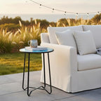LIFFY Outdoor Side Table,14" Indoor Outdoor Round Glass Tabletop Accent Table with Metal Frame, Decorative Plant Stand & End Table for Home, Patio, Garden