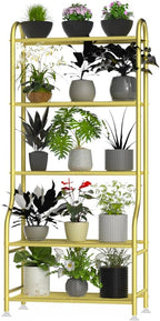 5-Tier Metal Plant Stand Indoor Outdoor, Waterproof Flower Stand for Multiple Pots, Heavy Duty Plant Stands for Living Room Patio Garden Decor, Tall Plant Shelf with Leveling Feet, Gold
