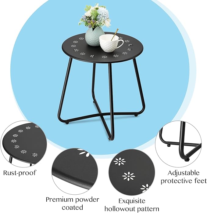 danpinera 2 Outdoor Side Tables with Flower Cut Outs, Weather Resistant Steel Patio Side Table, Small Round Outdoor End Table Metal Side Table for Patio Yard Balcony Garden Black, Set of 2