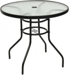 Tangkula 32" Round Outdoor Table with Tempered Glass Top, Patio Dining Table with Umbrella Hole & Metal Frame, Outside Bistro Table for Backyard, Lawn, Deck & Poolside