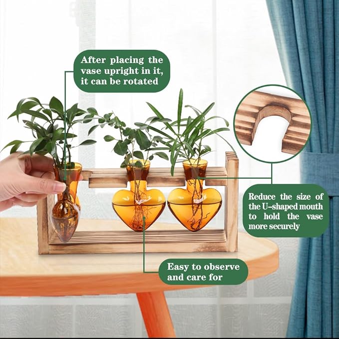 Terrarium Set with Amber Heart Glass Vases and Wood Stand, 3 Pieces