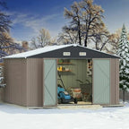 Greesum 10×8 FT Outdoor Storage Shed, Metal Storaged Sheds Without Floor, Tool Sheds with Lockable Doors and Slooping Roof for Garden, Patio, Backyard, Brown