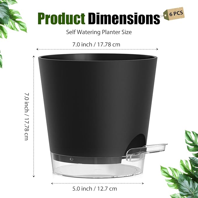 Plant Pots 7 Inch Self Watering Pots, 6 Pack Plastic Planters with Drainage Holes and Clear Saucers,Plastic Flower Pots for Indoor Out Door Plants (Black)
