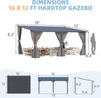 AECOJOY 16' x 12' Gazebo Outdoor Pergola with Curtains and Netting for Patio, Large Wall-Mounted Hardtop Lean to Metal Gazebo Shelter, Pergolas and Gazebos Clearance with Patio Roof Awnings for Decks